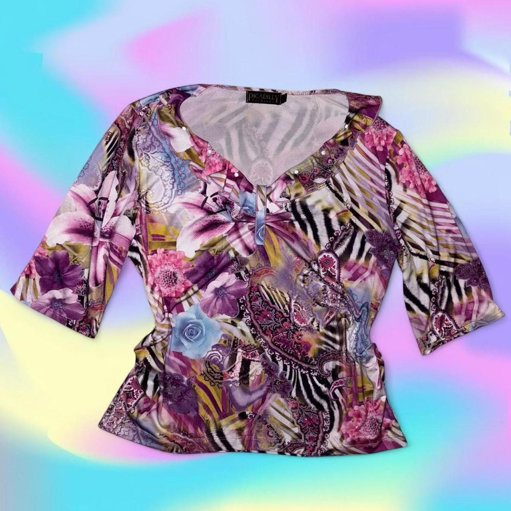 RARE vtg piccadilly fashions mcbling hyper graphic sublimated aop top, sz sm